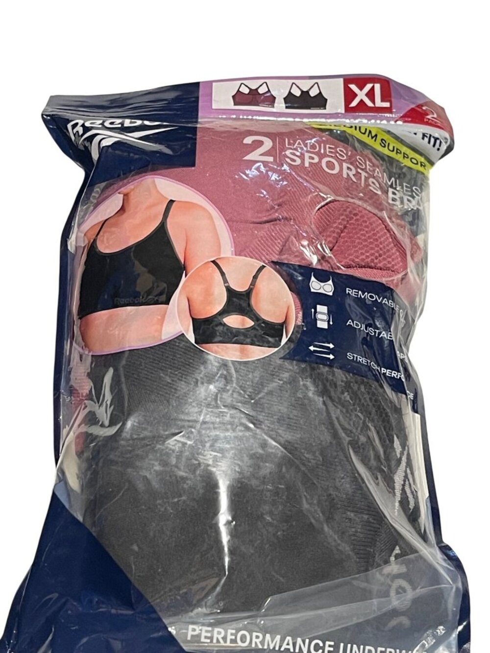 Reebok Ladies Seamless Sports Bra 2-Pack XL Pink & Black Adj Straps Med Support